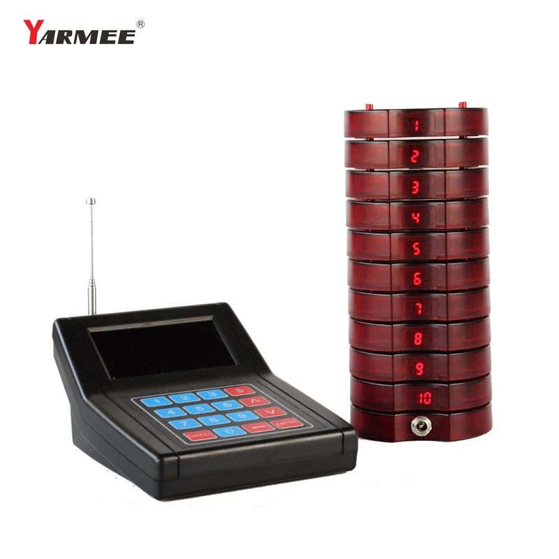 YARMEE Pager Restaurant 999 channel wireless Calling System with 10 coaster pagers for waiter pagers for queue system