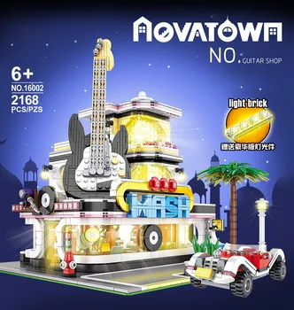 

Hot city street view Guitar shop moc building block with light model figures Musical instrument shop steam brick toy for gifts