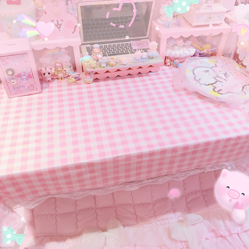  White Pink Grid Lace Tablecloth Cotton Rectangle Table Cloth Home Hotel Textile Decor 100*160cm