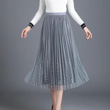 Новое поступление, осенне-зимняя юбка с бусинами и сеткой золотистая бархатная плиссированная юбка с высокой талией Корейская юбка средней длины