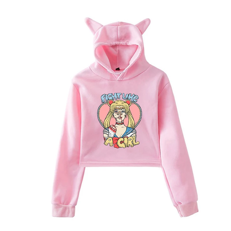 Сейлор Мун с эстетическим принтом для женщин Harajuku Короткие толстовки осень Kawaii уличная Толстовка для девочек модный пуловер с капюшоном