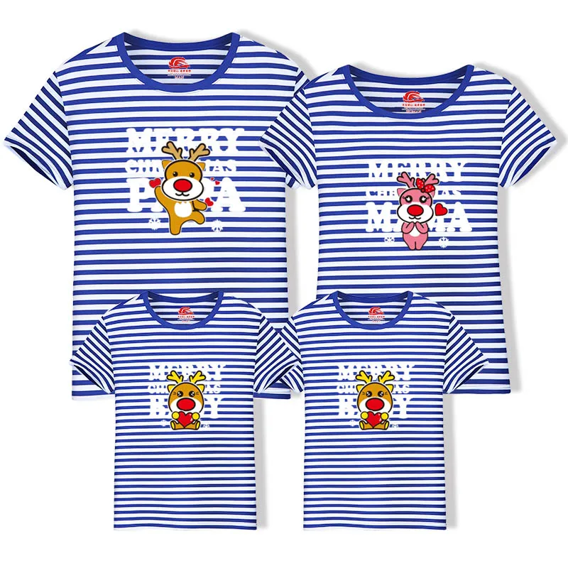Blue strips НОВАЯ РОЖДЕСТВЕНСКАЯ одежда для мамы и дочки Одинаковая одежда для папы и сына семейная одежда футболка для папы, мамы и мальчика мультяшный олень - Цвет: Blue strips