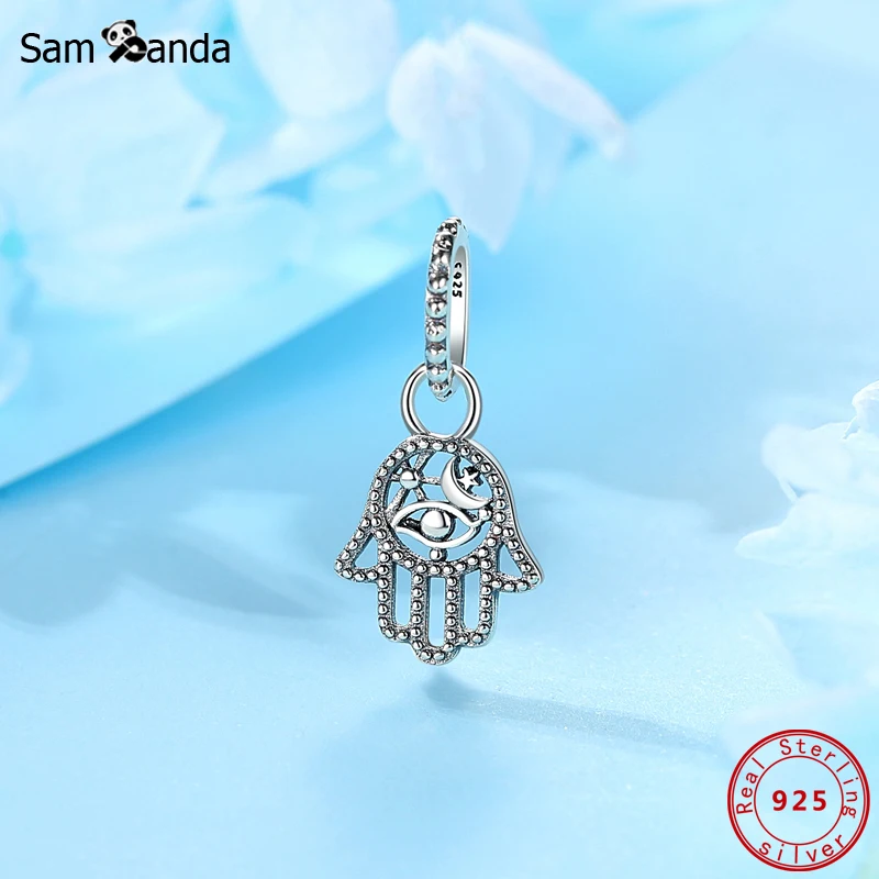 Original 925 Sterling Silver Charm Bead Hamsa Hand Pendant Charms Fit Pandora Bracelets Necklaces DIY Women Jewelry