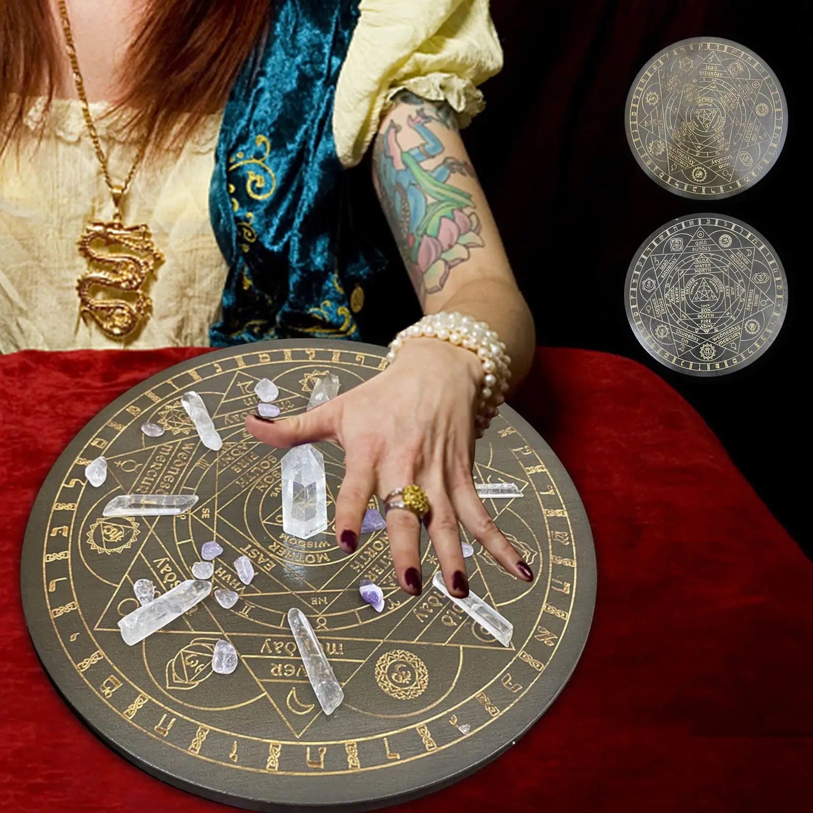 Seven Chakra Crystal Energy Disk Oak Carved Witch Divination Props Star Pendulum Board Wooden Carven Board Altar Astrolabe Props