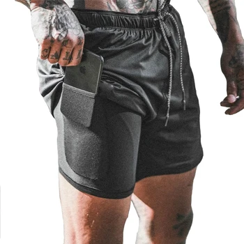 

Double layer Jogger Shorts Men 2 in 1 Short Pants Gyms Fitness Built-in pocket Quick Dry Beach Shorts Male Sweatpants Q6402