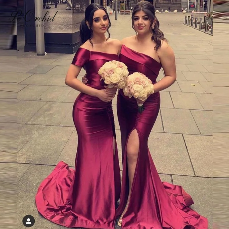 

PEORCHID One Shoulder Mermaid Bridesmaid Dresses Slit Sexy Burgundy Wedding Guest Party Dresses For Women Elegant Formal Gowns