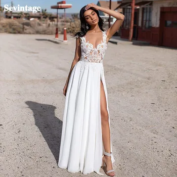 

Sevintage High Split Side Beach Bridal Dresses Backless Illusion O-Neck Appliques Lace Chiffon Wedding Party Gowns Bride Dress