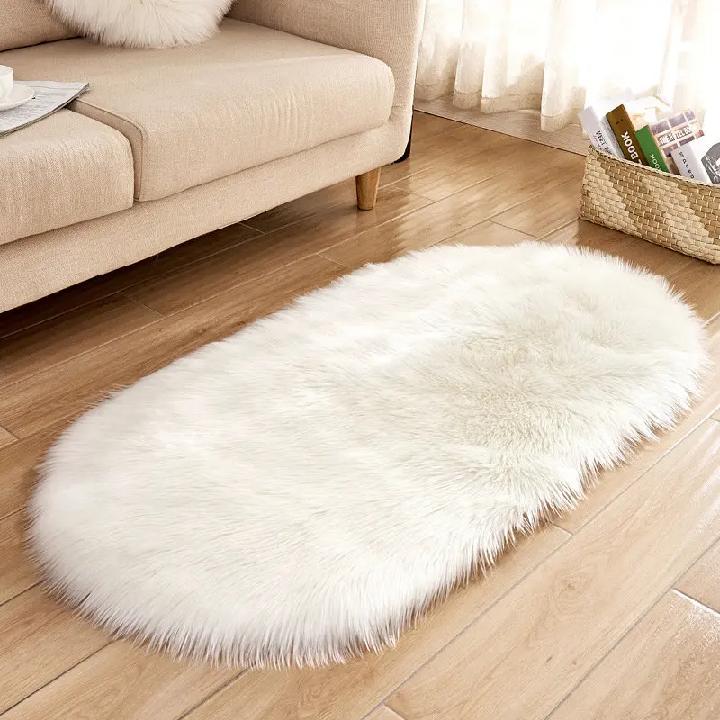Мягкий коврик для стула из искусственной овчины с эллипсом, коврик для спальни, мохнатый, шелковистый, плюшевый ковер, белый прикроватный коврик - Цвет: White