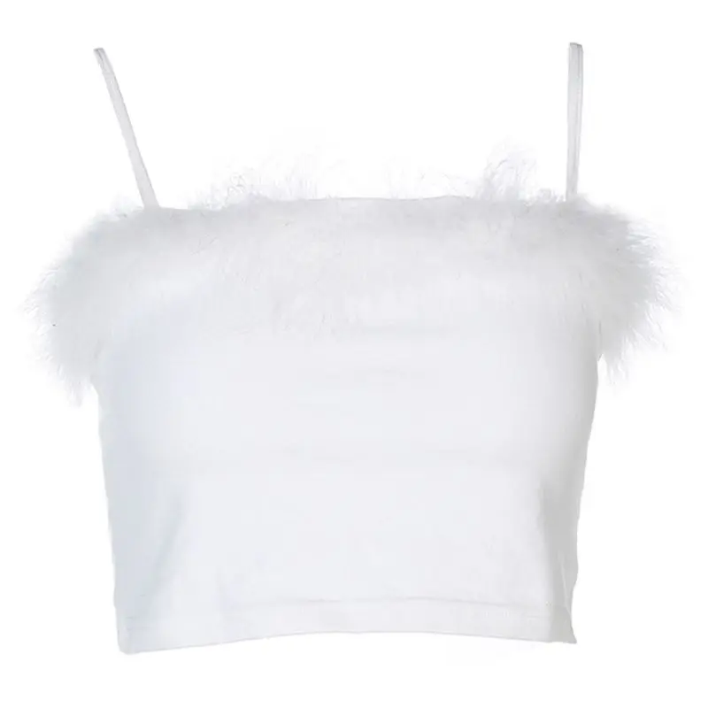 cotton camisole Womens Sexy Crop Top Spaghetti Strap Feather Fluffy Plush Trim Crop Top Bandeau Camisole Pink, White half camisole