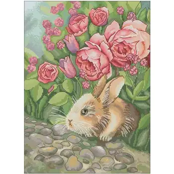 

Rabbit in the flowers patterns Cross Stitch 11CT 14CT 18CT DIY wholesale Cross Stitch Kits Embroidery Needlework Sets home decor
