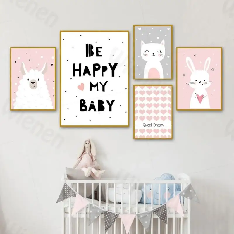 

Cartoon Animal Canvas Painting Pink Heart Rabbit Sheep Happy Quotes Children Decoration Poster Baby Room Nursery Wall Art Mural