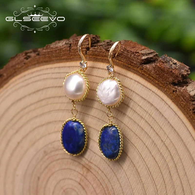 

GLSEEVO Freshwater Baroque White Pearl Earrings For Woman lapis lazuli Copper With 18k Gold Plated Vintage jewelry GE0996