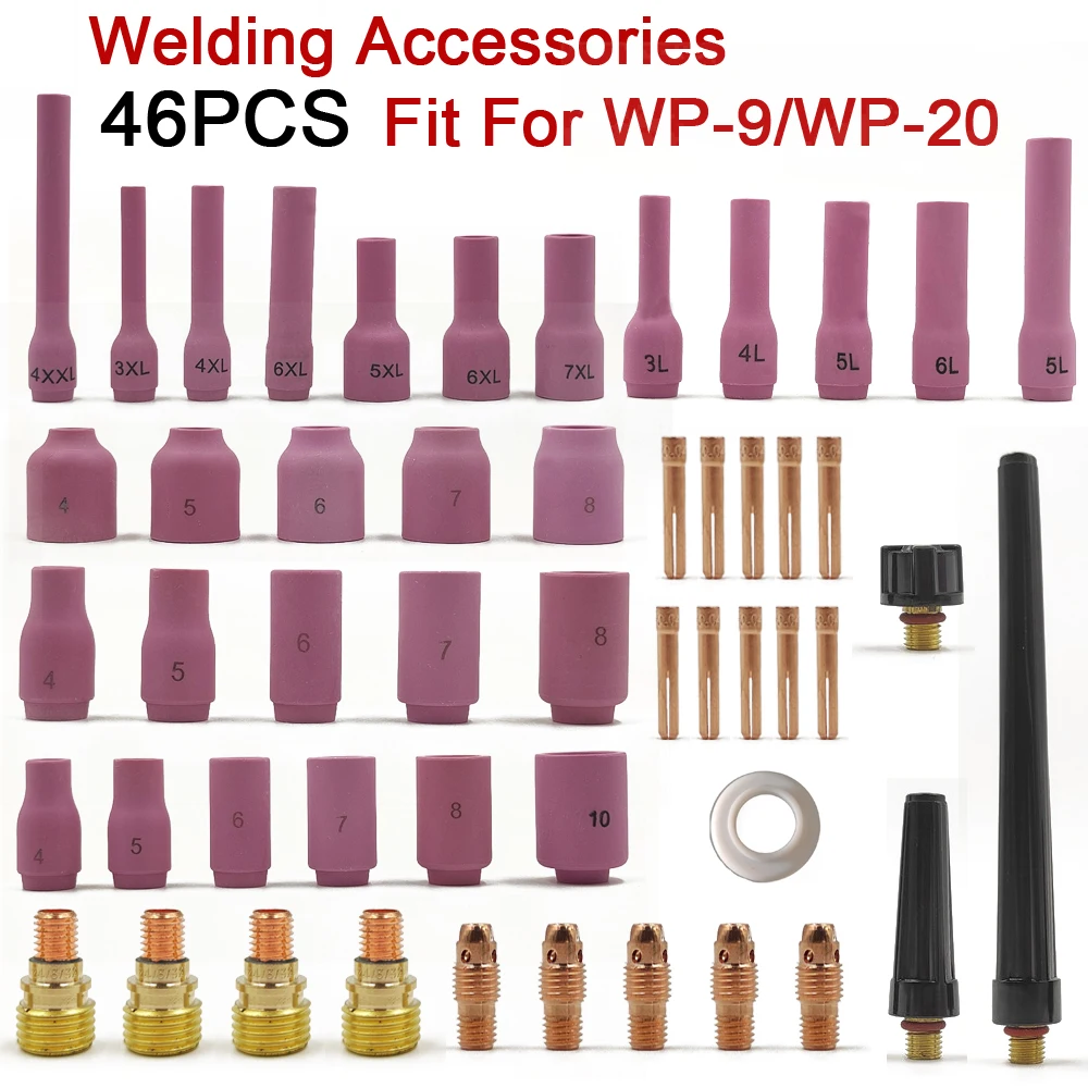 TIG Welding Torch Stubby Gas Lens For WP9 WP20 TIG Back Cap Collet Bodies Spares Kit Durable Practical Accessories 46Pcs welding torch