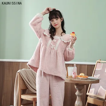

Women Warm Winter Pajamas Sets Coral Velvet Sleepwear Long Sleeve Lace Patchwork Loungewear Sweet Princess Nightwear Pajama