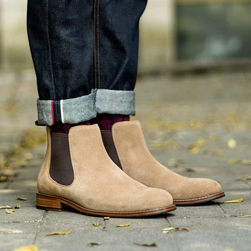 Khaki Boots Высококачественная Мужская обувь для верховой езды ручной работы из коровьей замши; мужские ковбойские ботильоны челси из натуральной кожи с круглым носком на каблуке; SS672 - Цвет: Khaki Boots