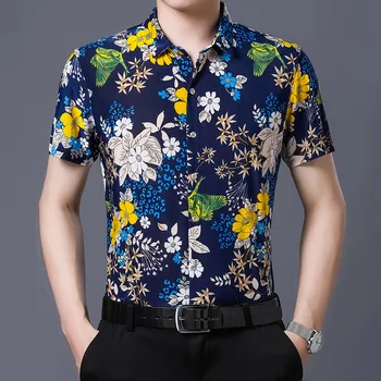 

Hawaiian Style Casual 80% Silk Shirt Men Short Sleeve Both Sides Print Chinese Nation Flower 2020 Beach Summer Clothes