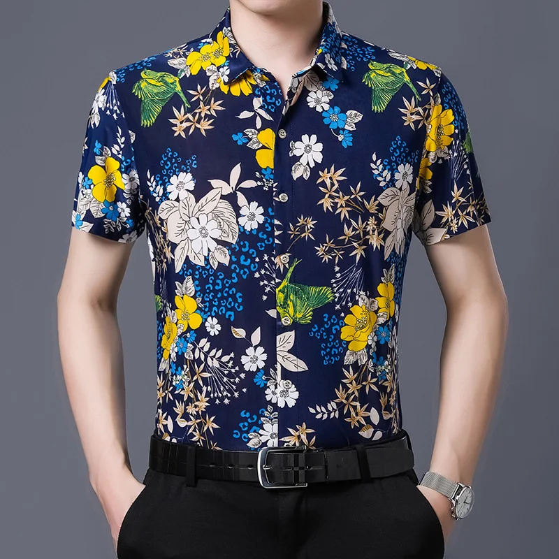 Hawaiian Style Casual 80% Silk Shirt Men Short Sleeve Both Sides Print Chinese Nation Flower 2020 Beach Summer Clothes Hawaiian Style Casual 80% Silk Shirt Men Short Sleeve Both Sides Print Chinese Nation Flower 2020 Beach Summer Clothes