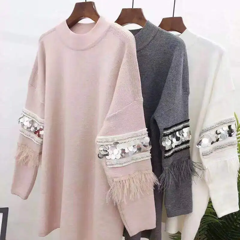 Осенний элегантный блесток аппликация женские свитера и пуловеры перо кисточкой длинный рукав свитер пуловер женский свободный джемперы - Цвет: D00744 pink