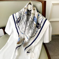2023 Spain Luxury Brand Square Silk Satin Scarf Women Ocean Anchor Shawls and Wraps Bag Scarves Hair Tie Bandanas Hijab 70*70Cm