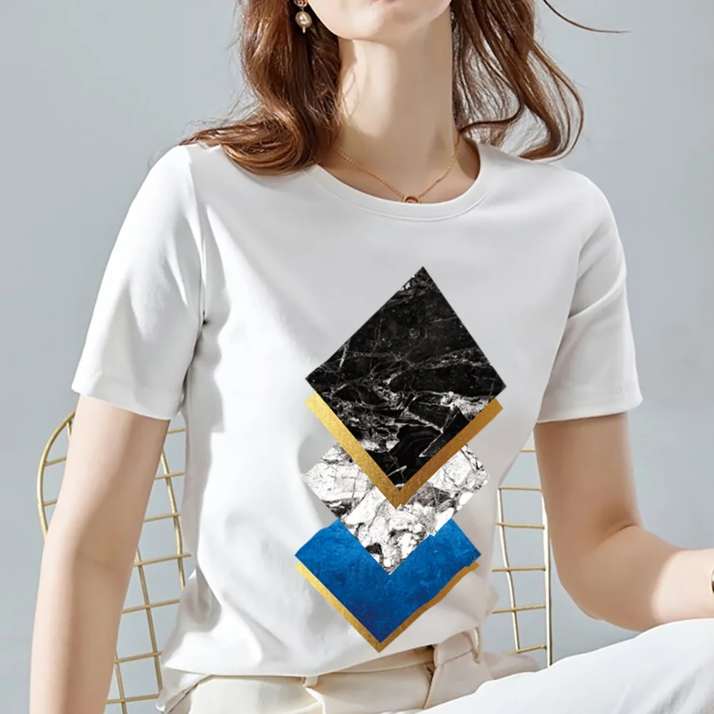 

XXS-3XL Women Summer Print T-Shirt Geometry Pattern Series Female Tee white All-match Ladies O-Neck Tops Clothing Dropshipping