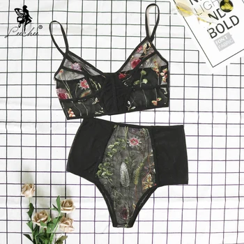 

Leechee Sexy Mesh See-Through Women's Underwear Embroidered Flowers Split Lingerie Comfortable and Breathable Bra and Panty Suit