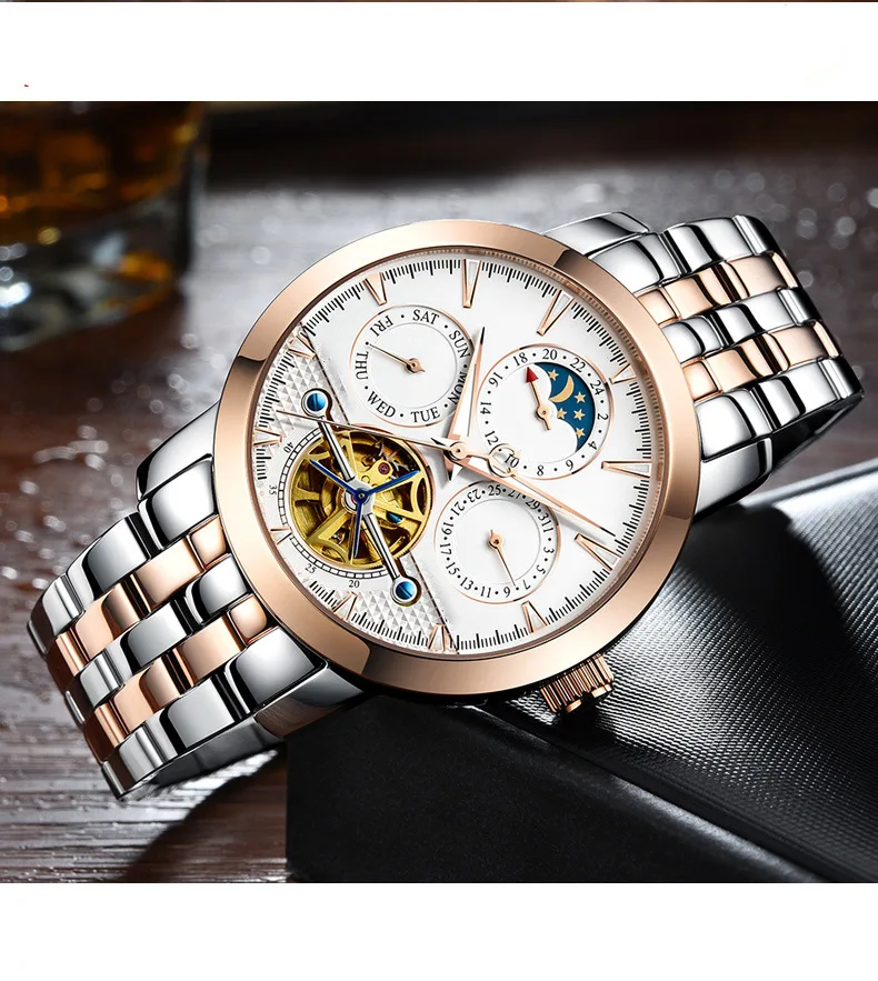 Men Fully Automatic Mechanical Wrist Watch Night Light Waterproof Moon Phase Hollow out Flywheel Multi-Kinetic Energy Jnh8752g