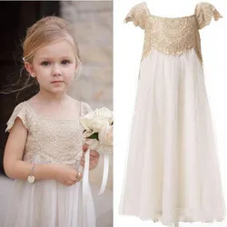 2022 Cheap Princess Flower Girls Dresses Cap Sleeves Lace Appliques Beaded Ball Gown Tulle Floor Length Child Birthday Pag