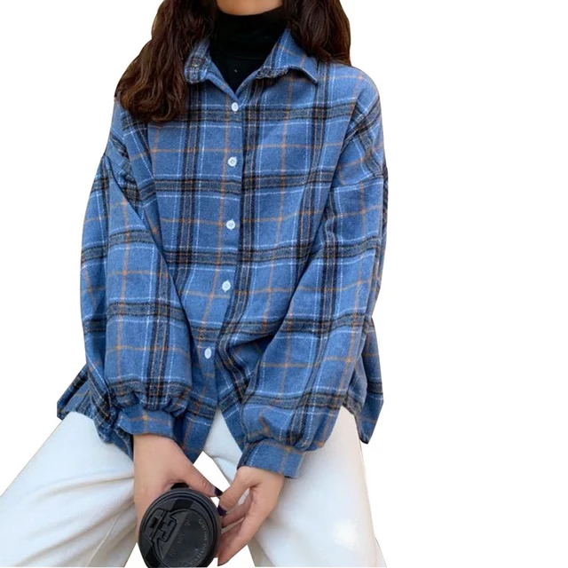 Muyogrt Women Shirt Plaid Oversized Brown Top Turn-down Collar Leisure Fashion Loose All-match Long Sleeves Soft Chic Korean Top Style2-BLUE