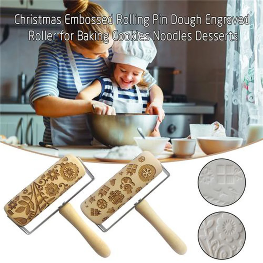 Wooden Christmas Dog Deer Embossing Rolling Pin Printed Cookie Dough Stick Fondant Tool Baking Noodle Cake Engraved Roller