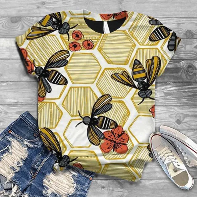 Women Short Sleeve 3D Animal Print T Shirt New Summer Casual Loose Cute Bee Tshirts Fashion Female Tees Top Plus Size S-4XL A0545-1