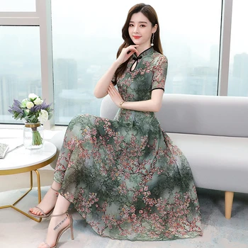 

Cheongsam Dress Women 2020 New Silk Floral Summer Short Sleeved Elegant Print Vintage Dress Plus Size Cheongsam Clothes