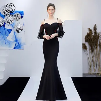 

Skyyue Evening Dress 2019 Soild Sweetheart Robe De Soiree Long Sleeve Women Party Dresses Off The Shoulder Evening Gowns C302