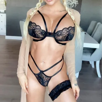 

2020 New Underwire Gathers Bra Perspective Sexy Underwear Black Lace-up Bikini Bra and Panty Set for Women