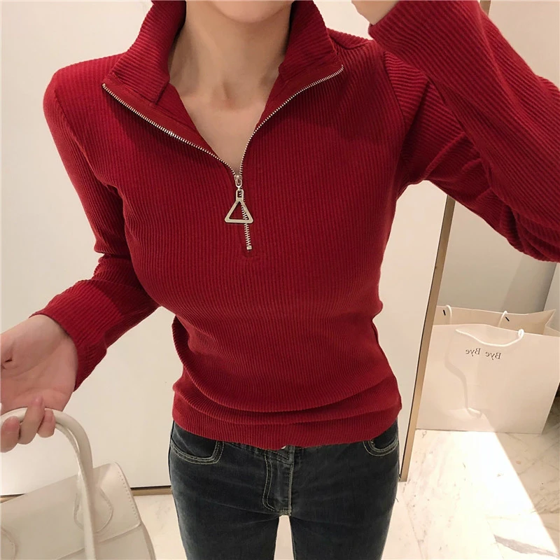 

Zipper Sweater Women Turtleneck Solid Autumn Winter Female Knitted Sweater Casual Pullovers Long Sleeve Chic Soft Jumper Top