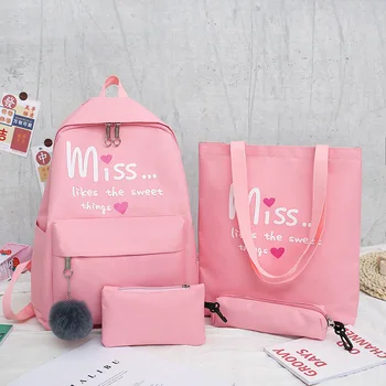 

4Pcs/set Women School Backpacks Canvas Letter Printing School Bag For Teenage Girls Student Book Bag Lady Travel Casual Backpack