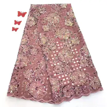

African Handcut Pink Lace Fabric With Sequins Embroidery Tulle Voile Lace Fabric Hot Sale Tulle Lace With Sequins