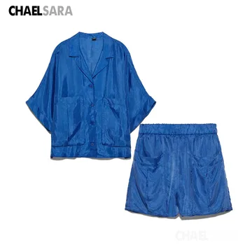 

2020 Fashion women's Two Piece Set Casual Loose Shirt Top + Elastic Waist Shorts Suit