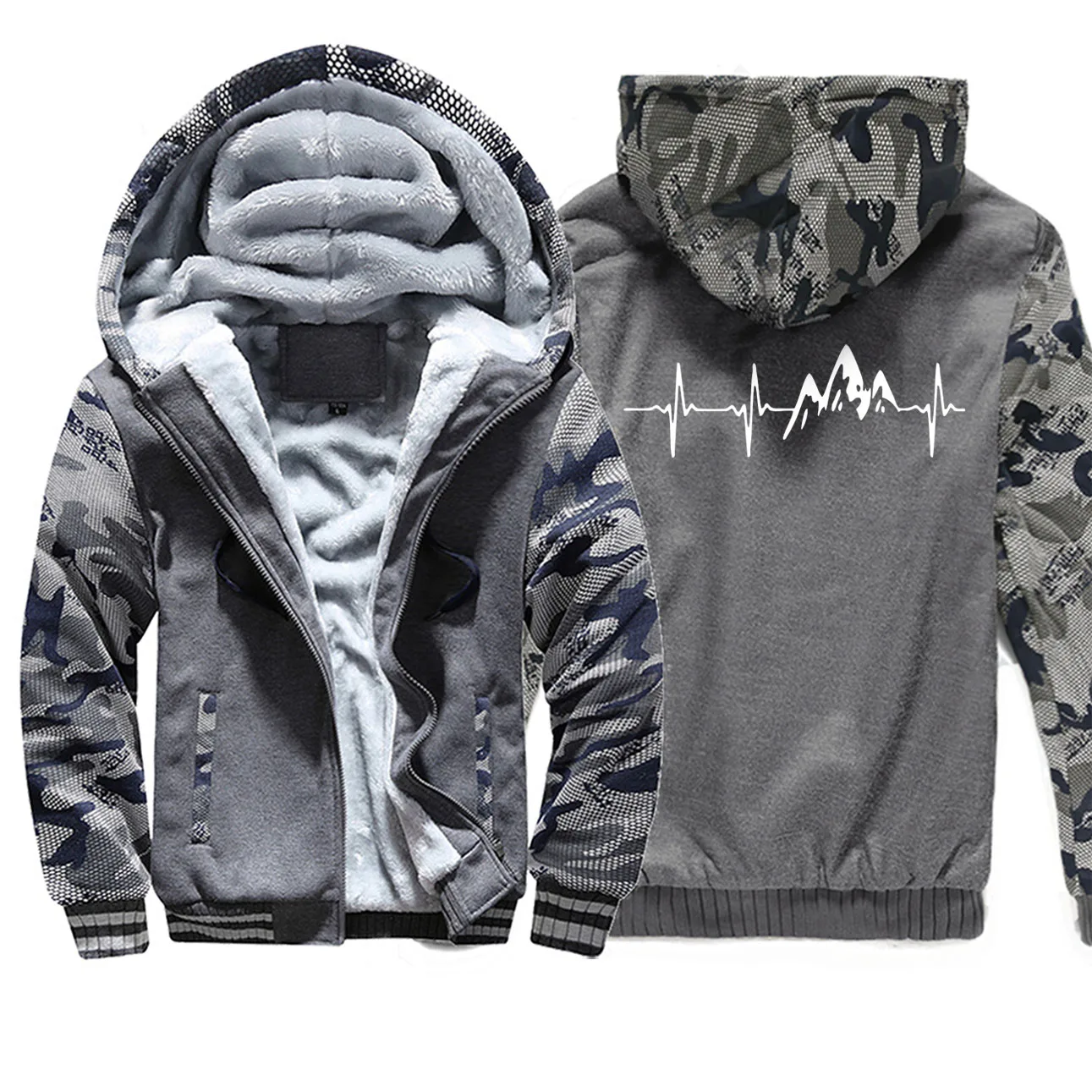 cheap Creative Novelty Pattern Mountain Heartbeat Mens Hoodie 2019 Winter Hot Sale Thick Male Jacket Camouflage Hip Hop Sportswear Men