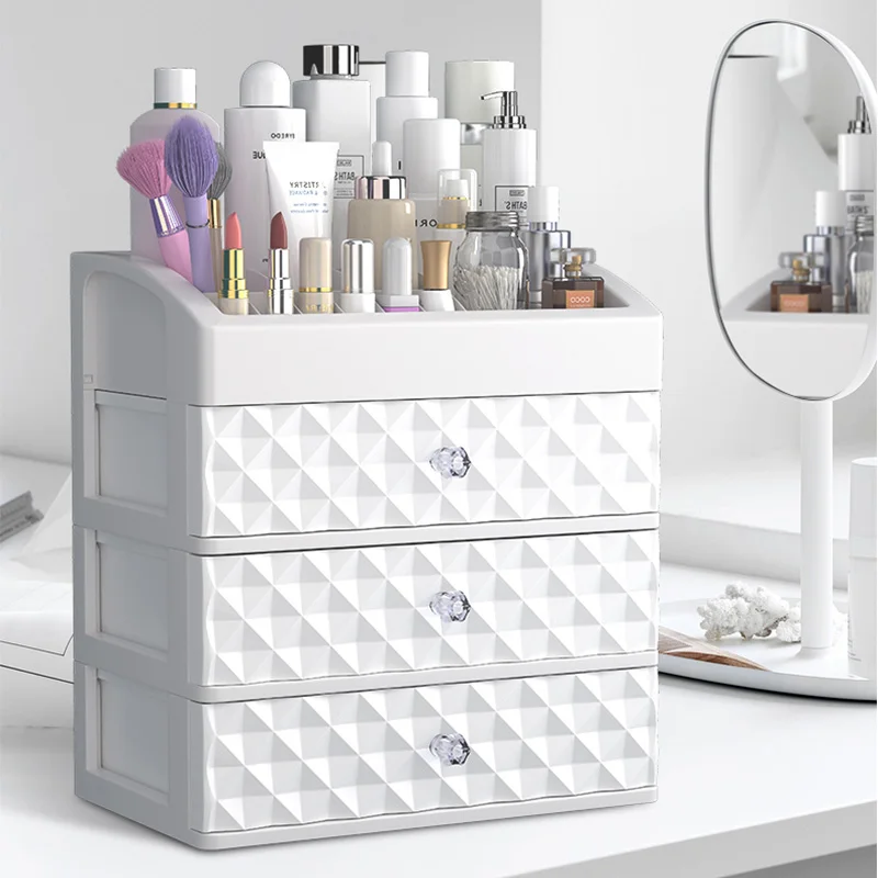 Cosmetics Storage Box Three Layer Drawer Makeup Jewelry Organizer Desktop Lipstick Nail Oil Container Beauty Cosmetic Case