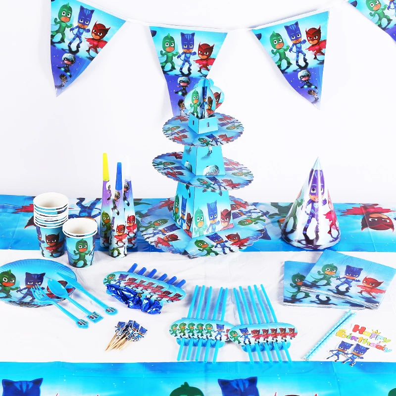 

PJ Masks Original Birthday Party Decoration Set Anime Figures Catboy Owlette Gekko Tableware Paper Towel Hat Tray Pj Mask Suit