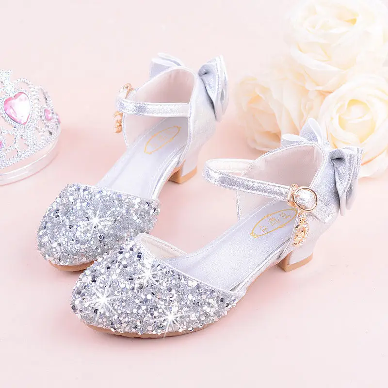 

Flower Children Girls Rhinestone High Heels Shoes Kids Silver Bow Princess Model Mary Jane Crystal Single Shoes New 2023 Silver
