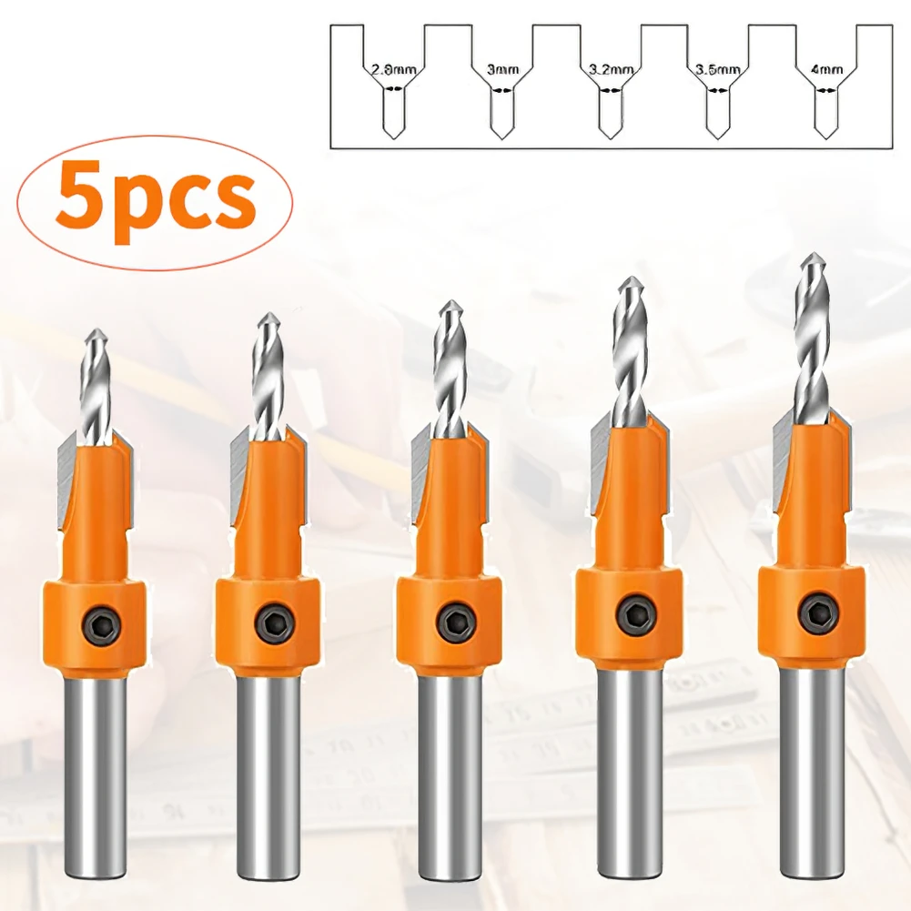 

5pcs 8mm Shank HSS Woodworking Countersink Drill Router Bit Set Screw Extractor Remon Demolition Puncher For Wood Milling Cutter