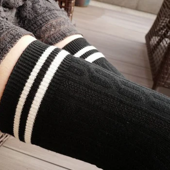 

1 Pair Long Women Stockings Soft Elastic Student Casual Cotton Blend Sexy Thigh High Striped Knitting Warm Fashion Over Knee