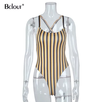 

Bclout Summer Sexy One-Piece Swimsuit Ladies Backless Jumpsuit Women Bodycon Spaghetti Strap Striped Beach Swimsuit Femme