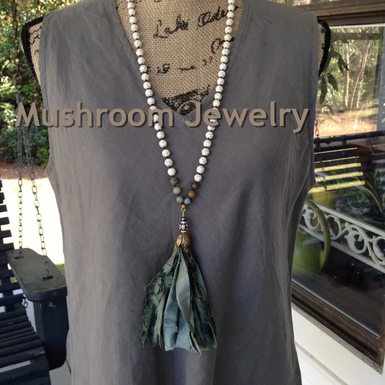 

Long Knot HowliteTurquoises Stone Beads Amazonite Necklace vintage boho necklace BoHo Green Sari Silk Tassel Necklace Boho