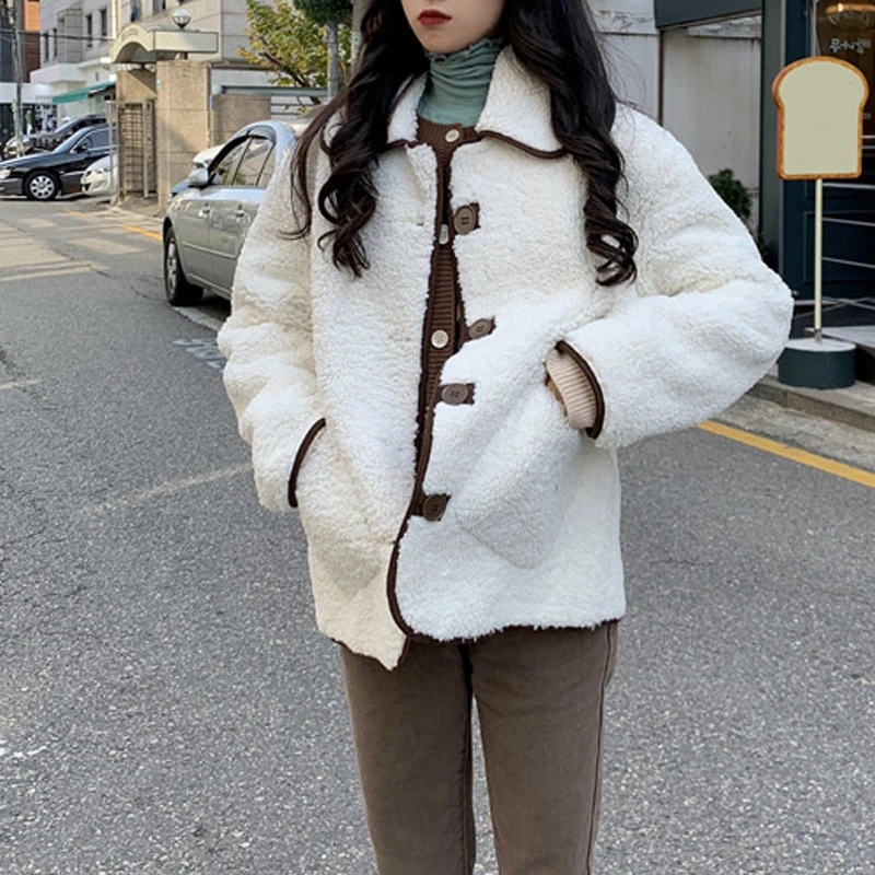 white coat women RealShe пальто и куртки с пуговицами, Женское пальто с отворотом, длинным рукавом, карманами, одноцветная Женская куртка, весна, повседневное пальто из овечьей шерсти для женщин - Цвет: white coat women