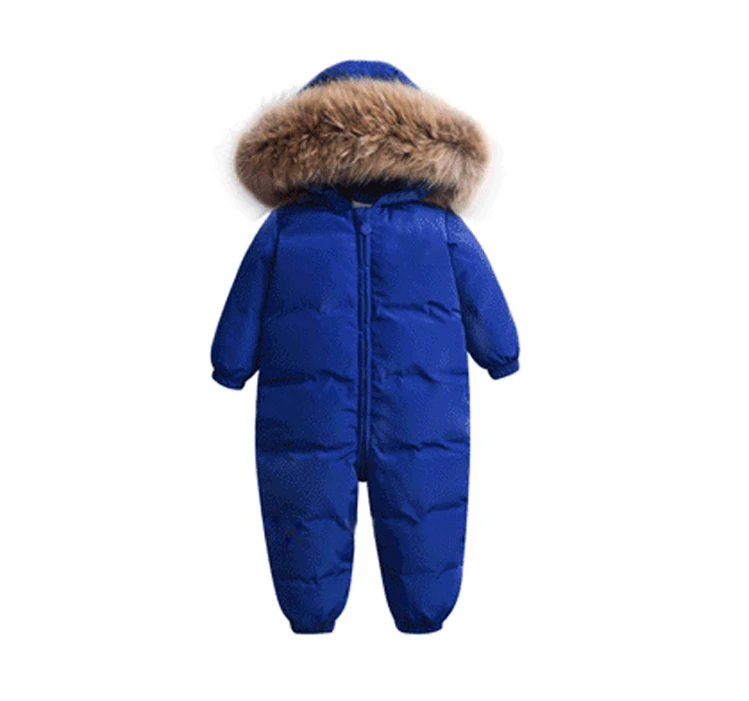 Winter Overalls For Baby Rompers Jumpsuit Children Duck Down Overalls Snowsuit Toddler Kids Boys Girls Fur Hooded Romper Costume - Color: blue