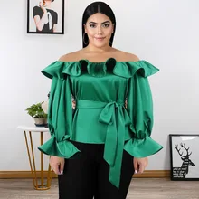 

Fashion Women American African Style Blouse Long Flare Sleeve Solid Color Patchwork Off Shoulder Spring Fall Tops For Ladies