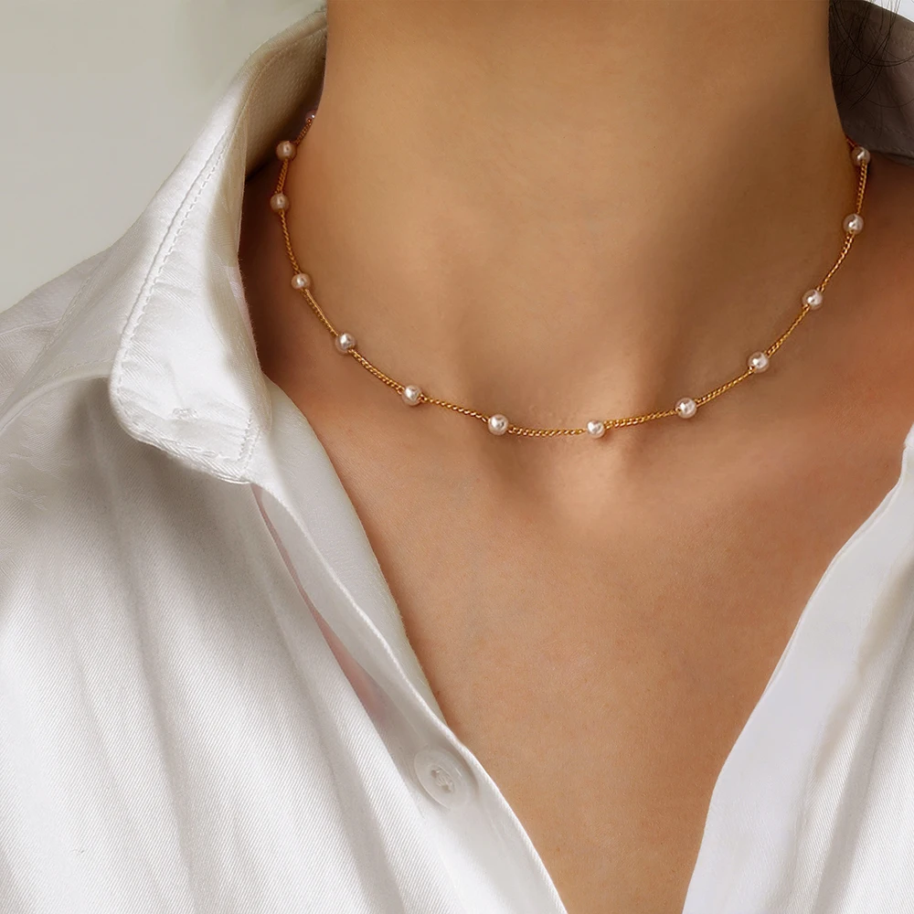 Nuevas cuentas de las mujeres cuello cadena Kpop gargantilla perla Collar de Color oro, Chocker joyas de la colgante para el cuello 2021 Collar para niña