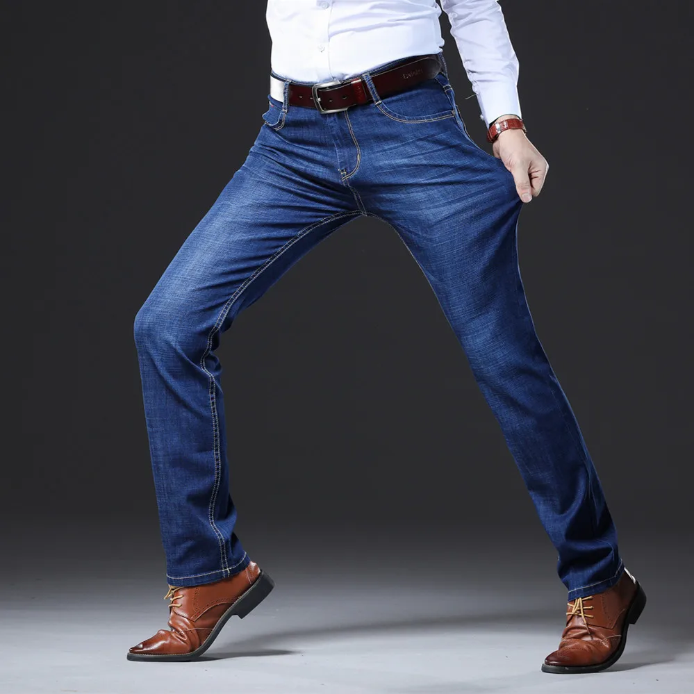 DAISHU Thick Men's Fashion Jeans Bronze LOGO Decoration Business Casual Stretch Jeans Classic Trousers Denim Pants Male Blue